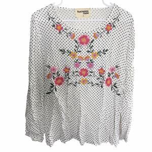 Savanna Jane White Black Polka Dot Floral Embroidery Top Size 1X Bohemian Boho